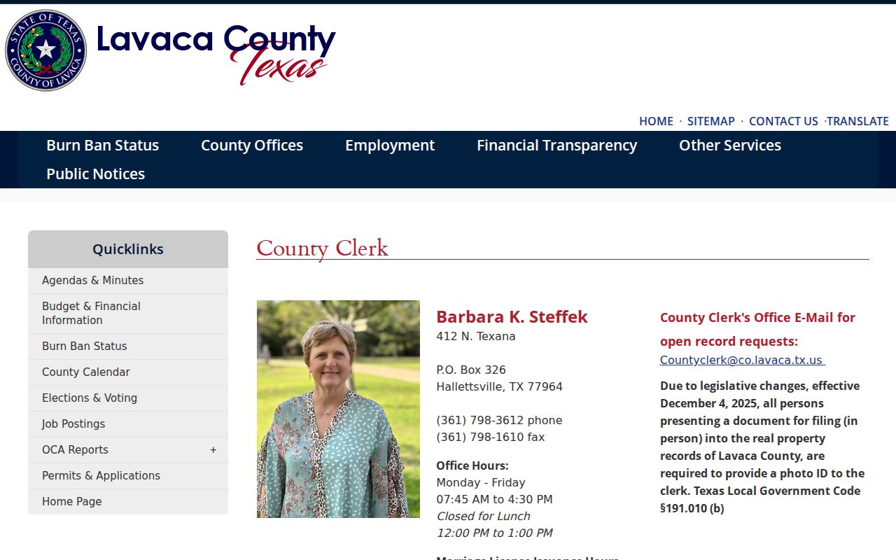 Lavaca County warrant search, County Clerk records and office contact page