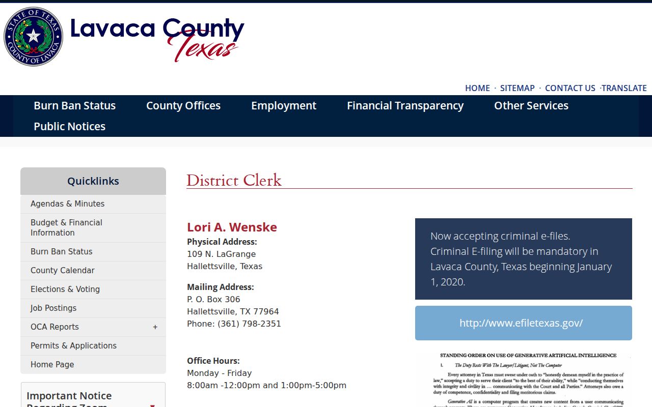 Lavaca County warrant search, District Clerk criminal court records page