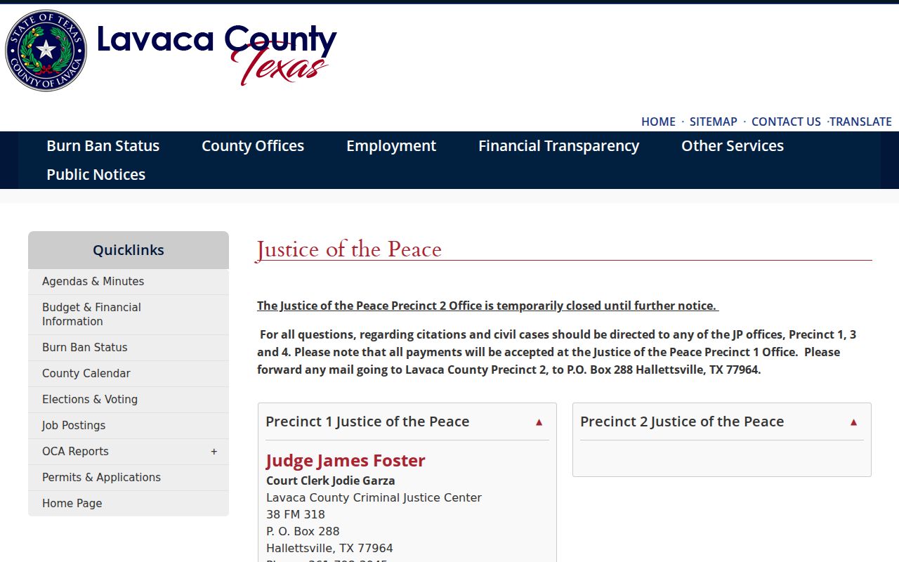 Lavaca County warrant search, Justice of the Peace precinct courts directory