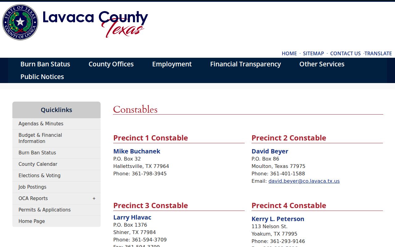 Lavaca County warrant search routing, county precinct and constable directory