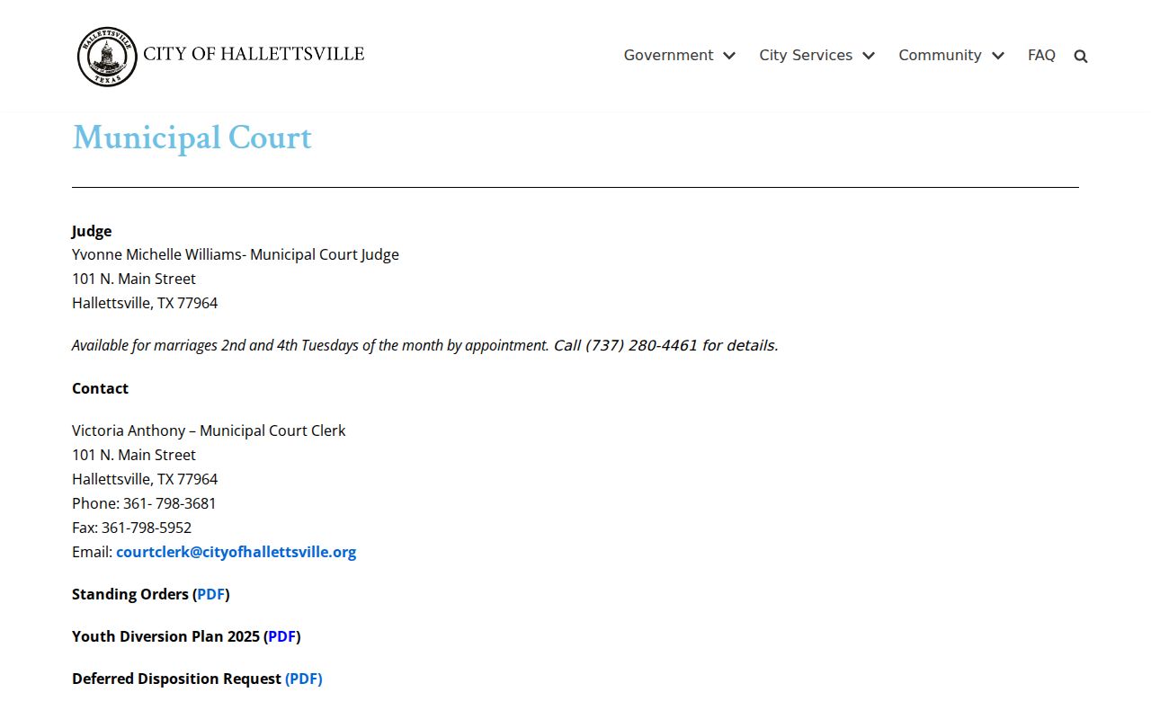 Lavaca County active warrant records, Hallettsville Municipal Court contact page