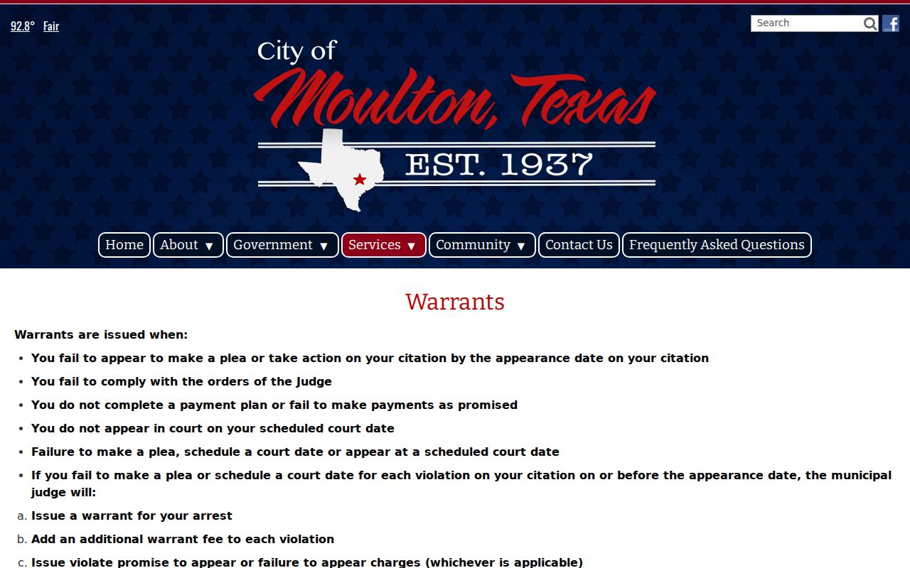 Lavaca County active warrant records, Moulton weekly warrant-list instructions