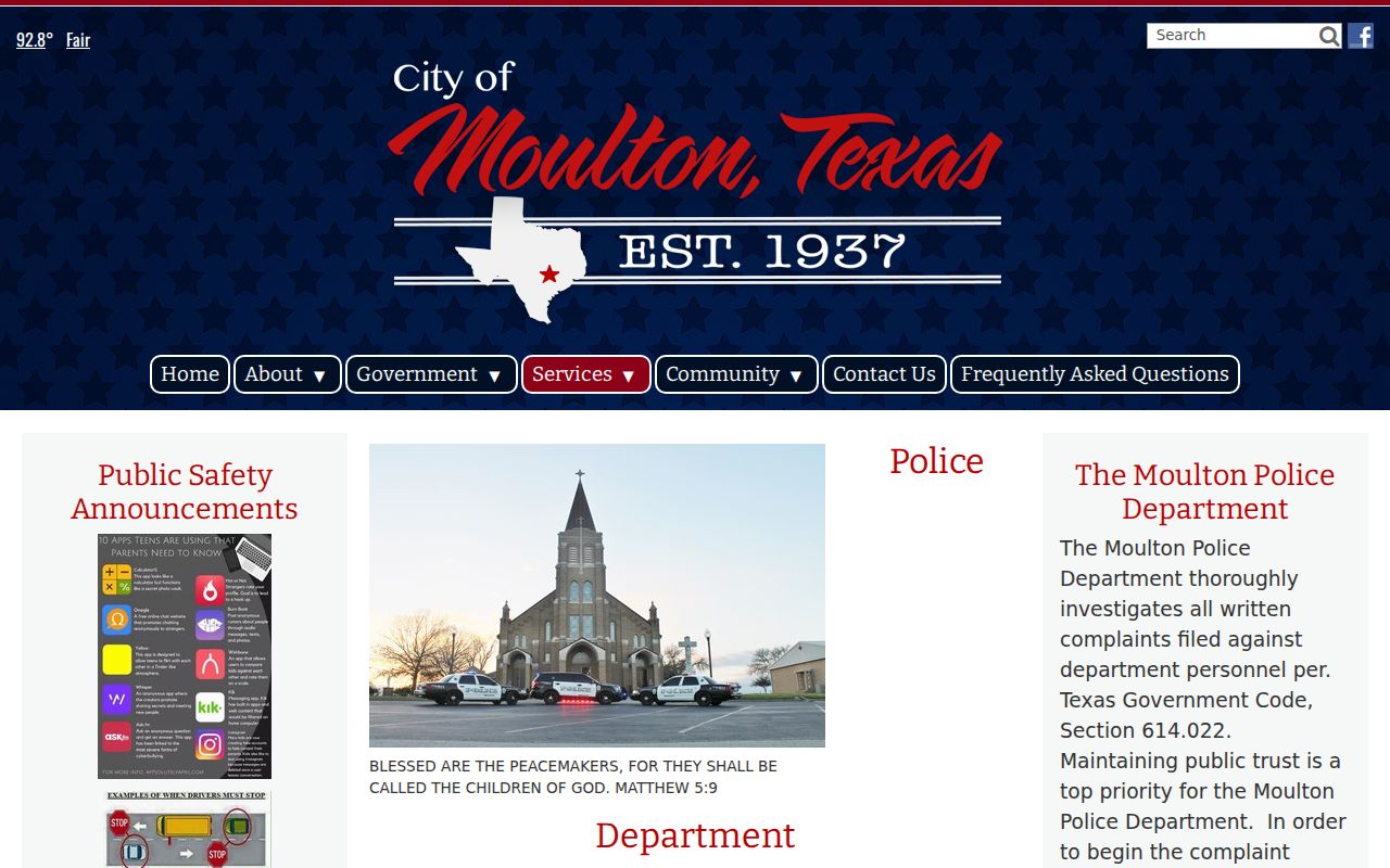 Lavaca County bench warrants, Moulton Police Department contact page