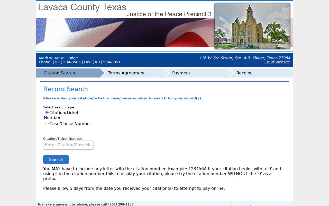 Lavaca County bench warrant routing, Shiner JP 3 citation and cause search