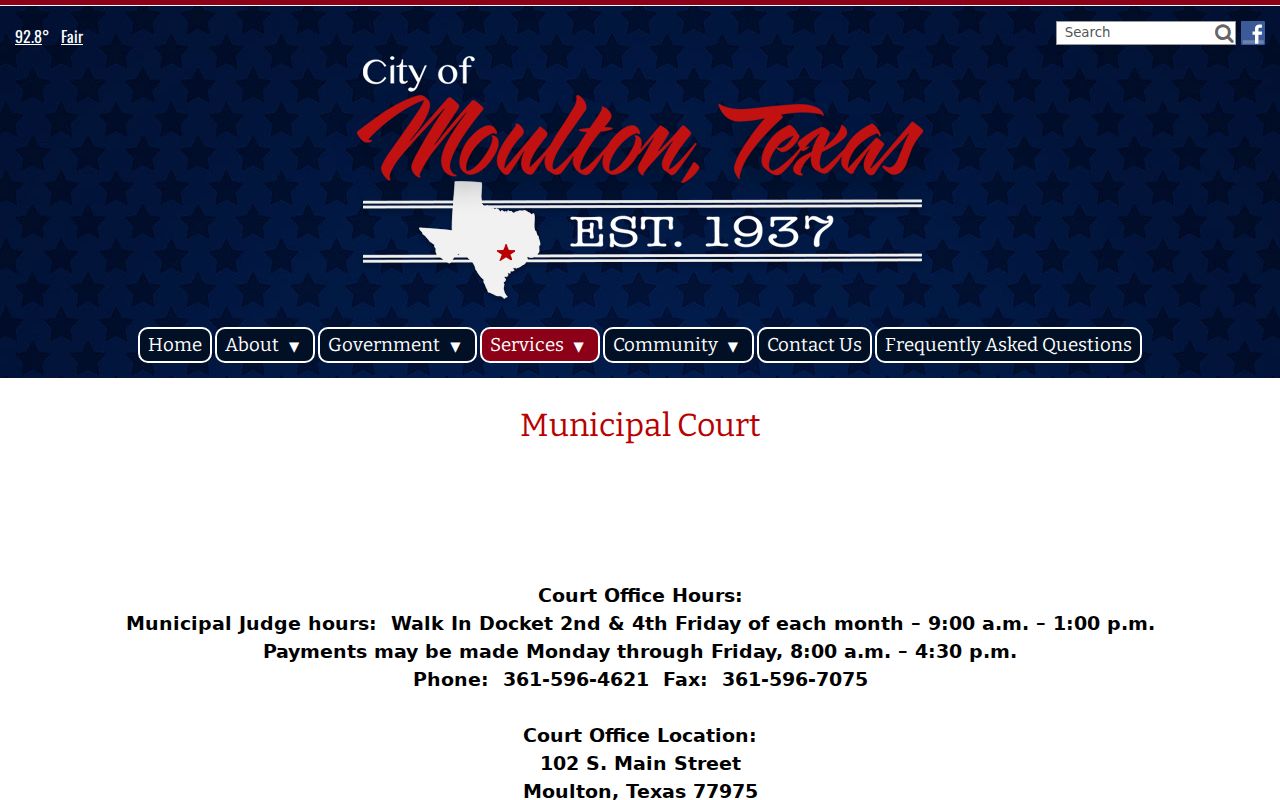 Lavaca County bench warrant process, Moulton court walk-in docket hours