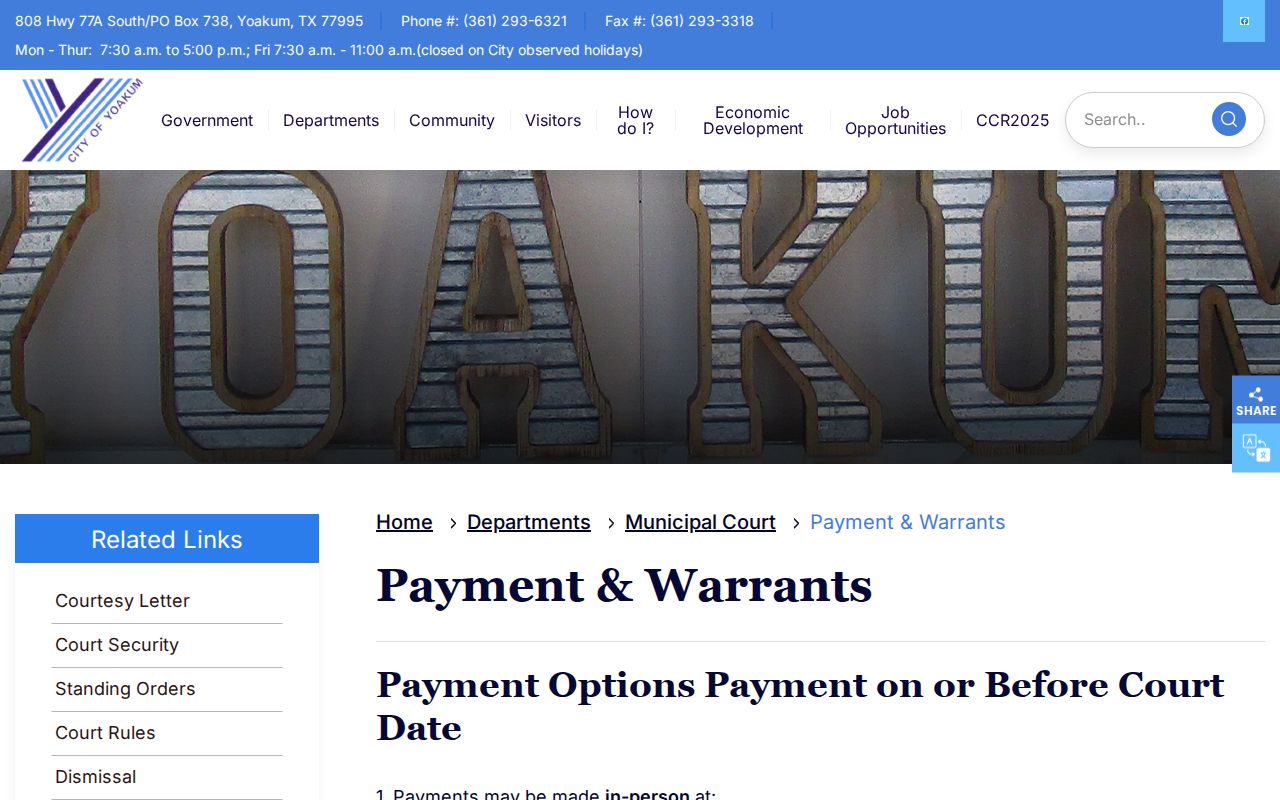 Lavaca County arrest warrant research, Yoakum court FTA and payment information