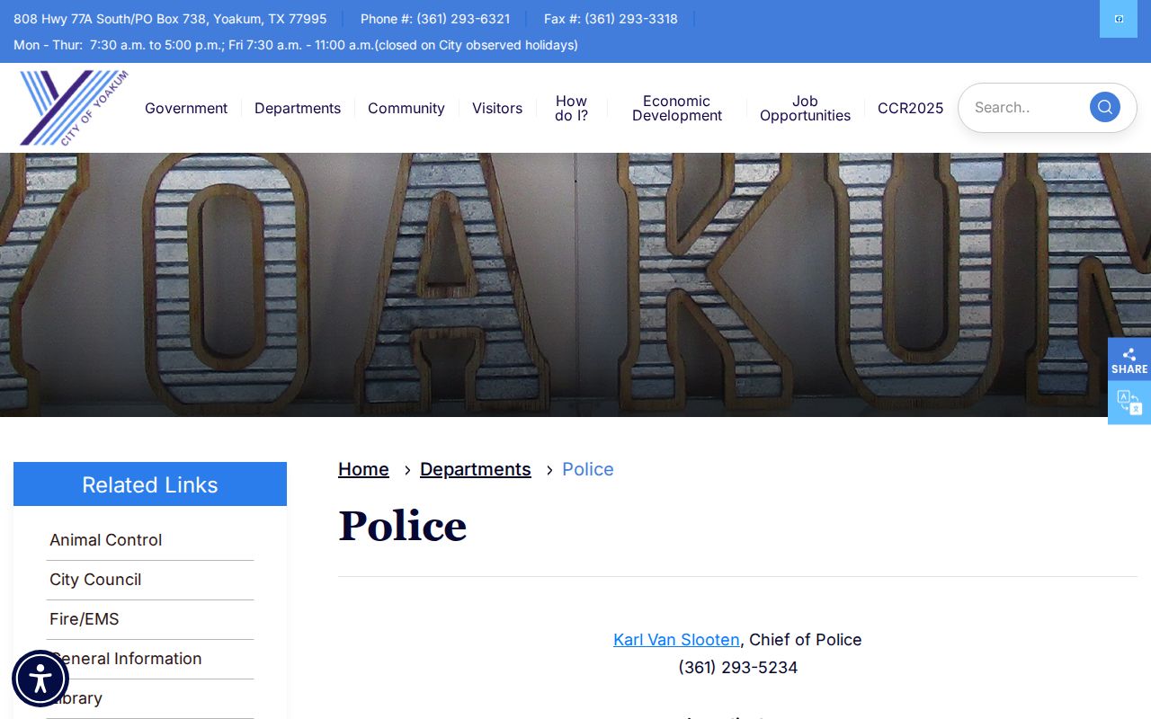 Lavaca County arrest warrant records, Yoakum Police Department contact