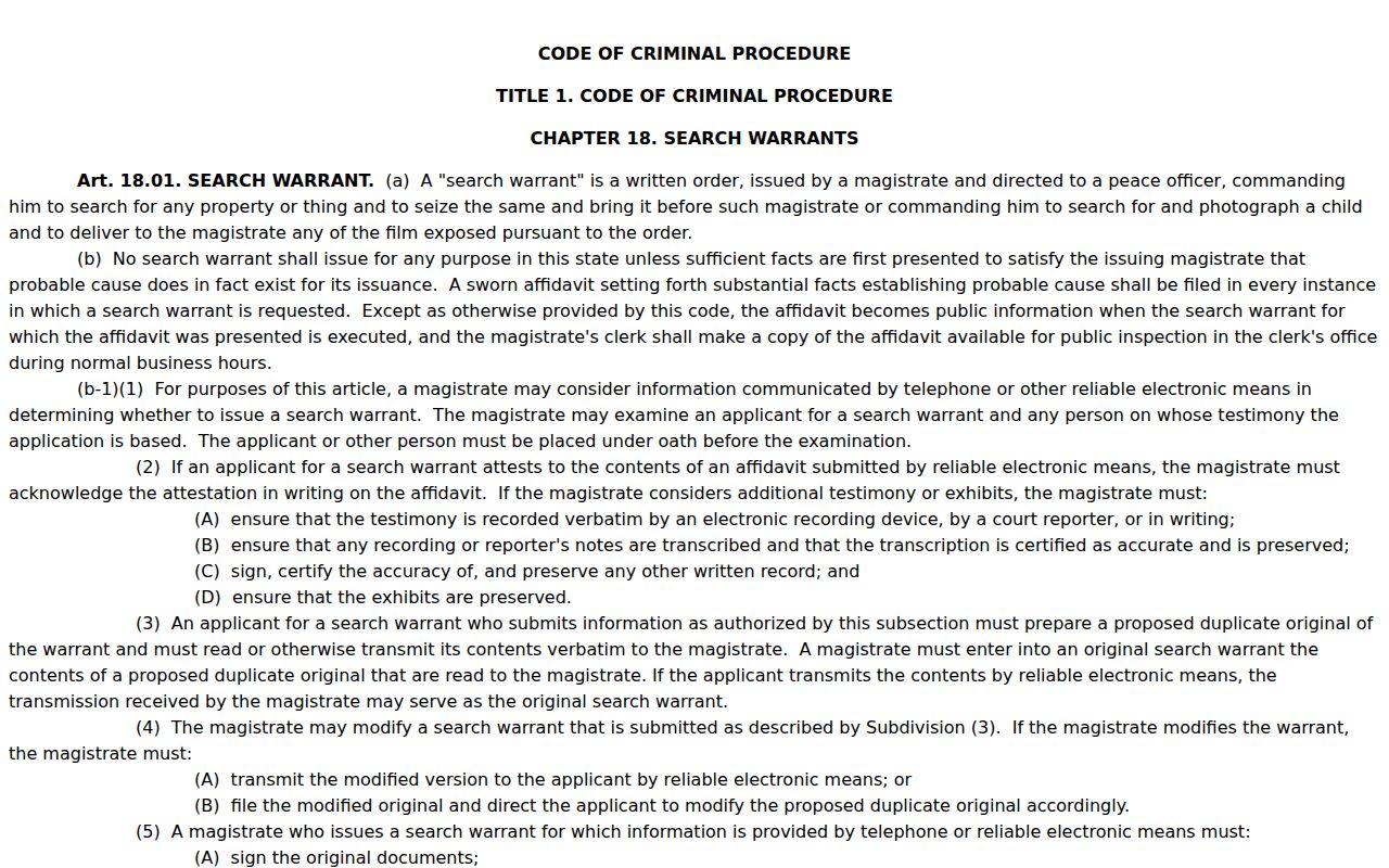 Lavaca County traffic warrant records, Texas Chapter 18 search-warrant rules