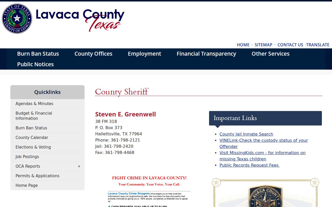 Lavaca County arrest warrant records, Sheriff office contact page